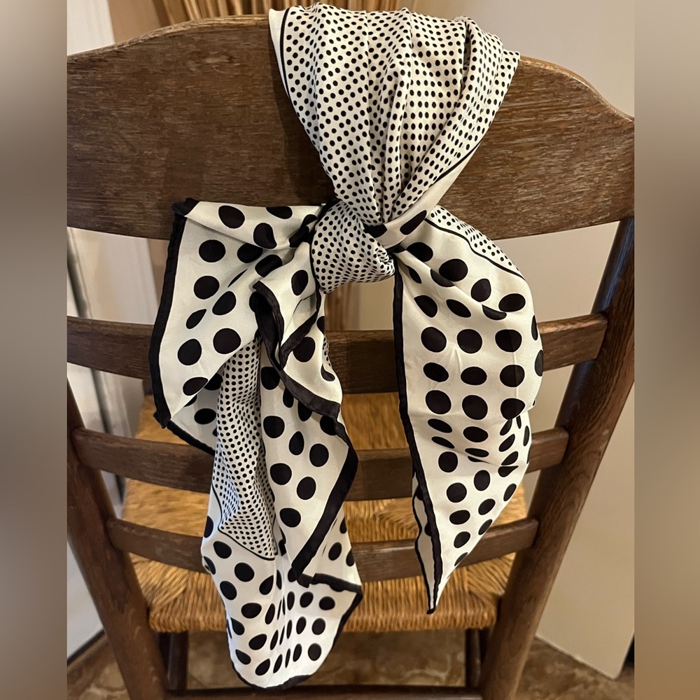 Vintage Agnes. B  Du Paris white and black polka dot scarf 100% acetate, Japan